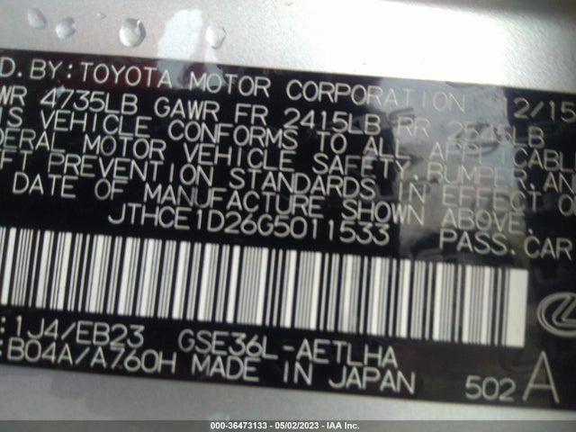 JTHCE1D26G5011533 Lexus IS 350
