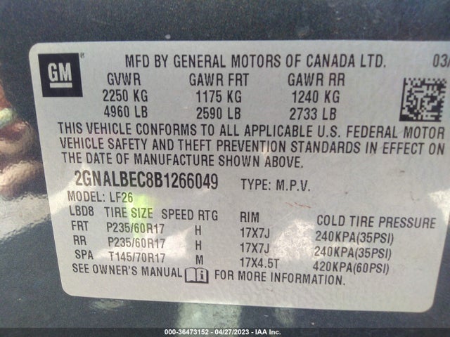 2011 CHEVROLET EQUINOX LS VIN: 2GNALBEC8B1266049