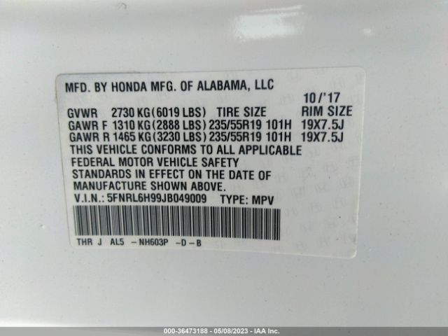 5FNRL6H99JB049009 Honda Odyssey Elite