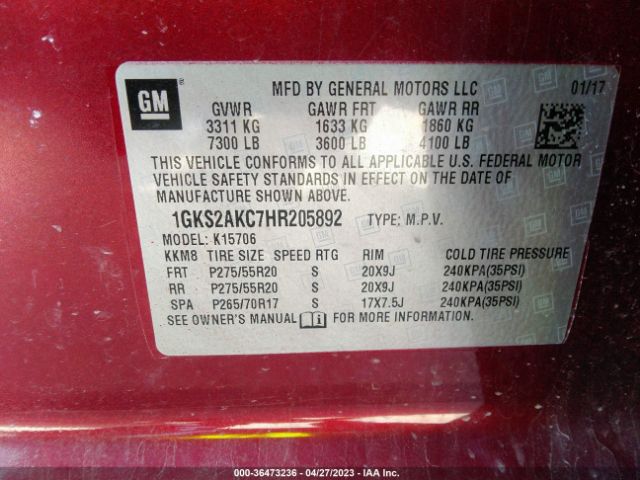 1GKS2AKC7HR205892 GMC YUKON SLE