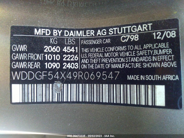 2009 MERCEDES-BENZ C-CLASS 3.0L VIN: WDDGF54X49R069547