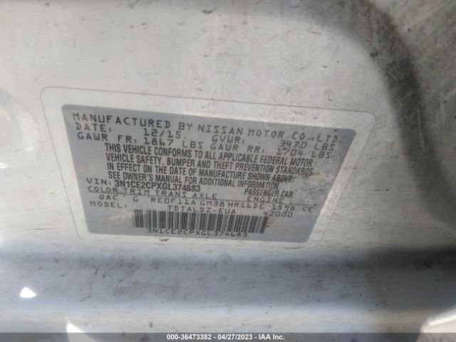 3N1CE2CPXGL374683 Nissan Versa Note S/s Plus/sv/sr/sl
