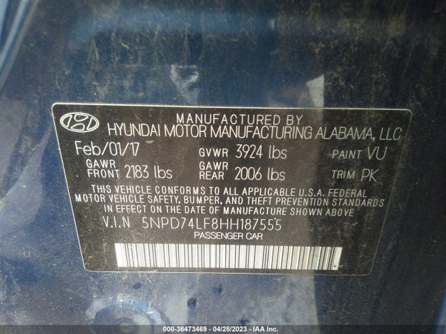 2017 HYUNDAI ELANTRA SE VIN: 5NPD74LF8HH187555