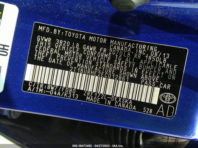 2014 TOYOTA COROLLA L/LE/S/S PLUS/LE PLUS VIN: 2T1BURHE2EC012861
