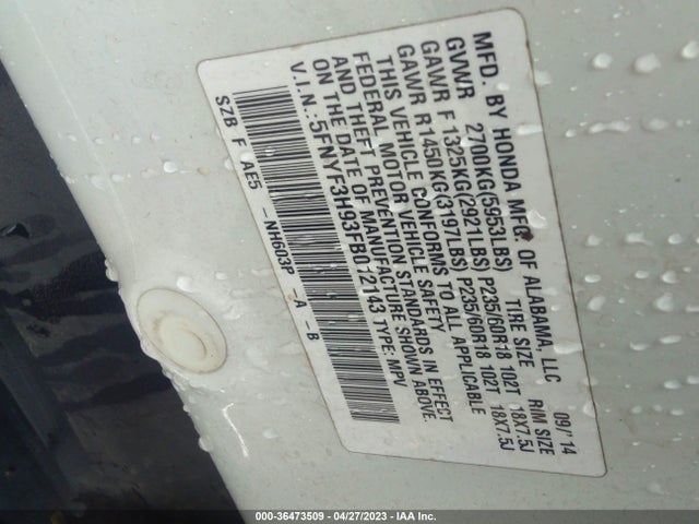 Honda Pilot Touring 2015 5FNYF3H93FB012143 Image 9