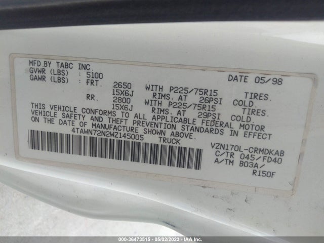 1998 TOYOTA TACOMA VIN: 4TAWN72N2WZ145005