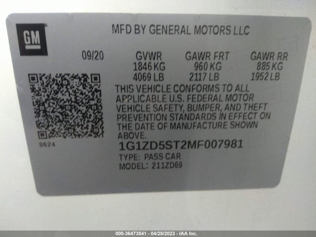 2021 CHEVROLET MALIBU LT VIN: 1G1ZD5ST2MF007981