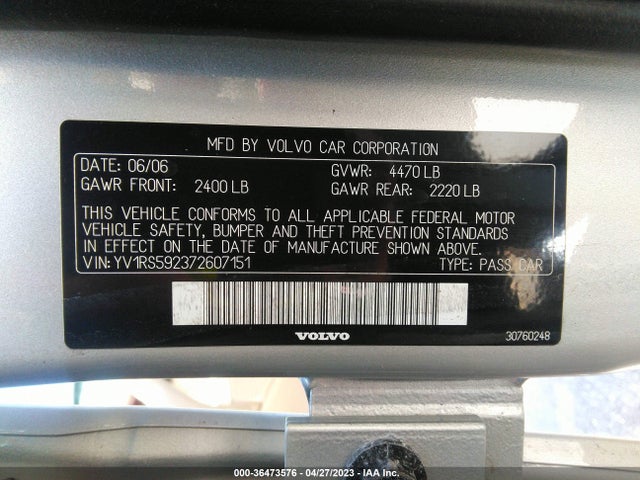 2007 VOLVO S60 2.5L TURBO VIN: YV1RS592372607151