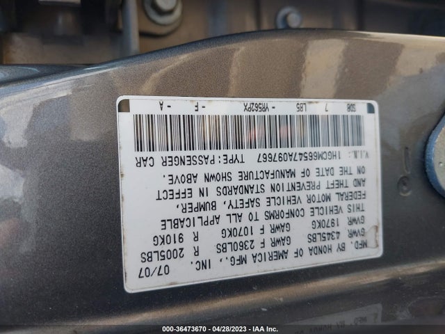 2007 HONDA ACCORD SDN EX-L VIN: 1HGCM66547A097667