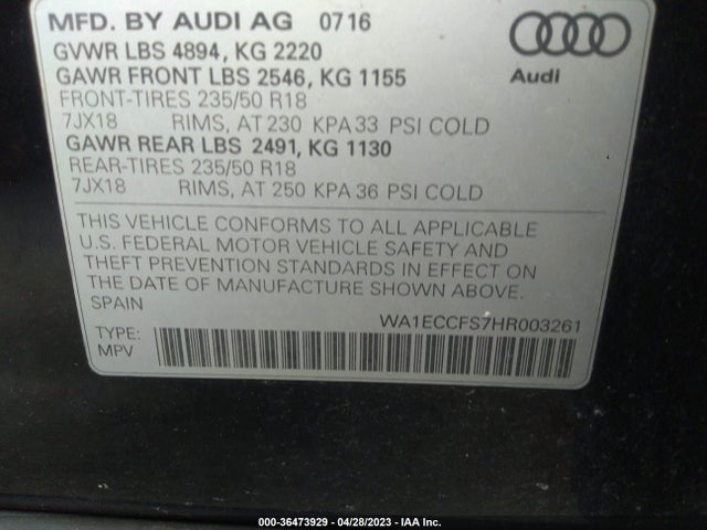 WA1ECCFS7HR003261 Audi Q3 PREMIUM