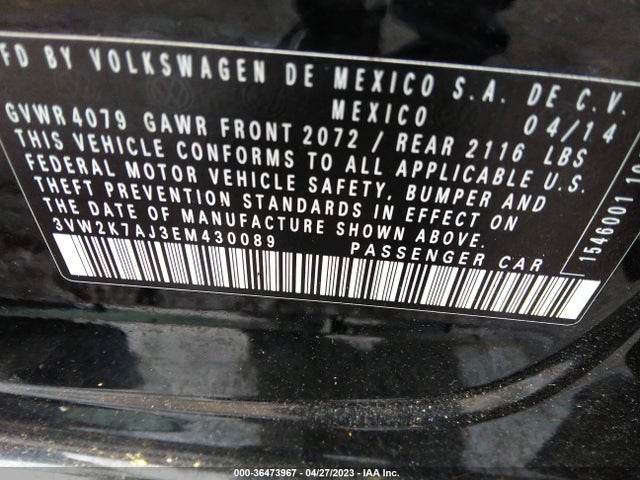 2014 VOLKSWAGEN JETTA SEDAN S VIN: 3VW2K7AJ3EM430089
