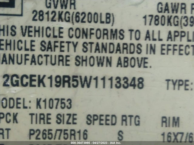 1998 CHEVROLET C/K 1500 VIN: 2GCEK19R5W1113348