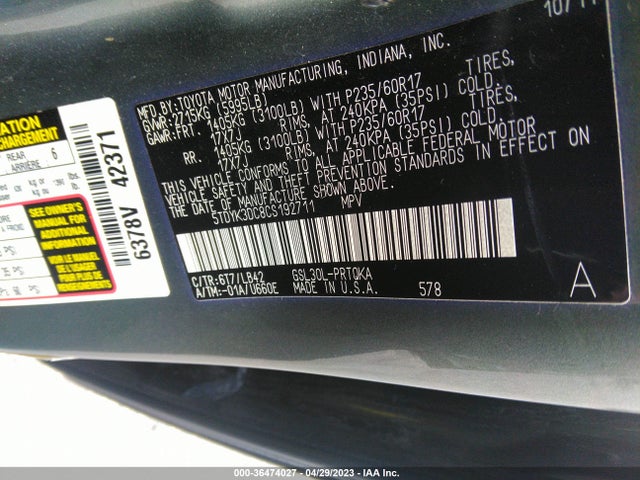 2012 TOYOTA SIENNA XLE AAS/XLE/LTD VIN: 5TDYK3DC8CS192711