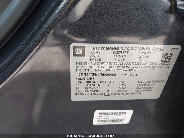 Chevrolet EQUINOX LT 2016 2GNALCEK1G6288983 Image 9