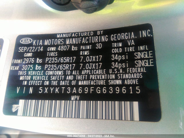 KIA SORENTO LX 2015 5XYKT3A69FG639615 Image 9