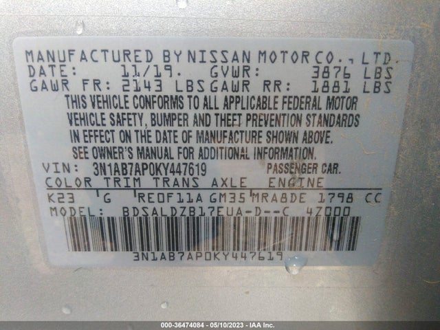 Nissan SENTRA SV 2019 3N1AB7AP0KY447619 Image 11