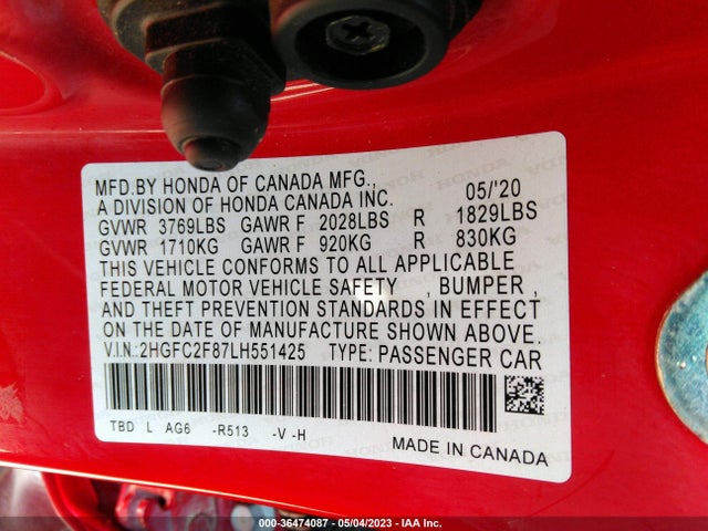 2020 HONDA CIVIC SEDAN SPORT VIN: 2HGFC2F87LH551425