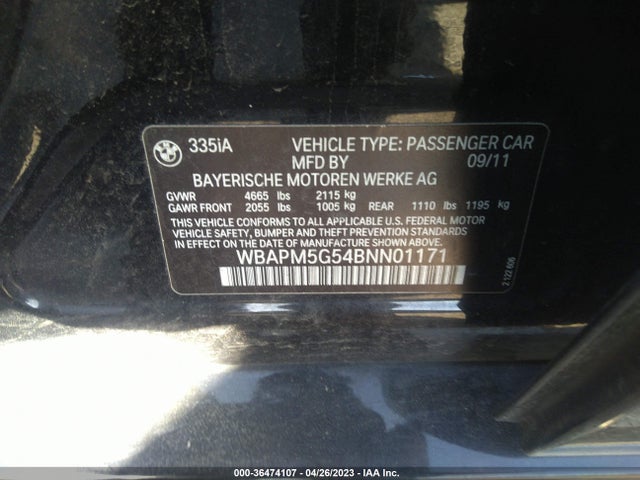 2011 BMW 3 SERIES 335I VIN: WBAPM5G54BNN01171