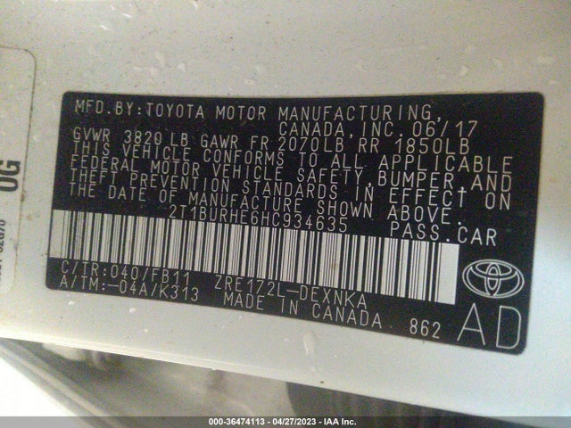 2017 TOYOTA COROLLA L/LE/XLE/SE VIN: 2T1BURHE6HC934635