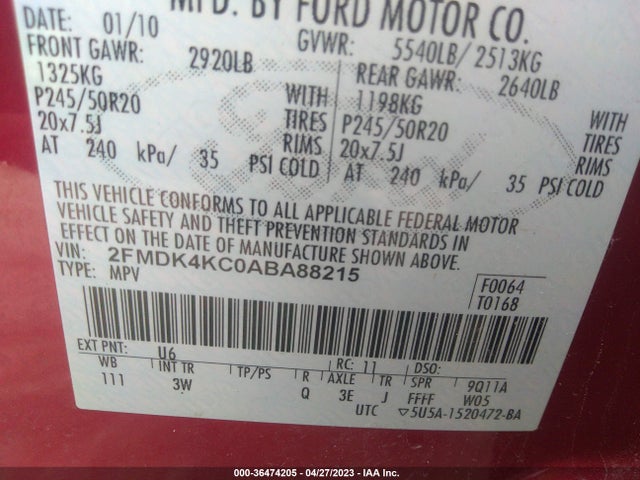 2010 FORD EDGE LIMITED VIN: 2FMDK4KC0ABA88215