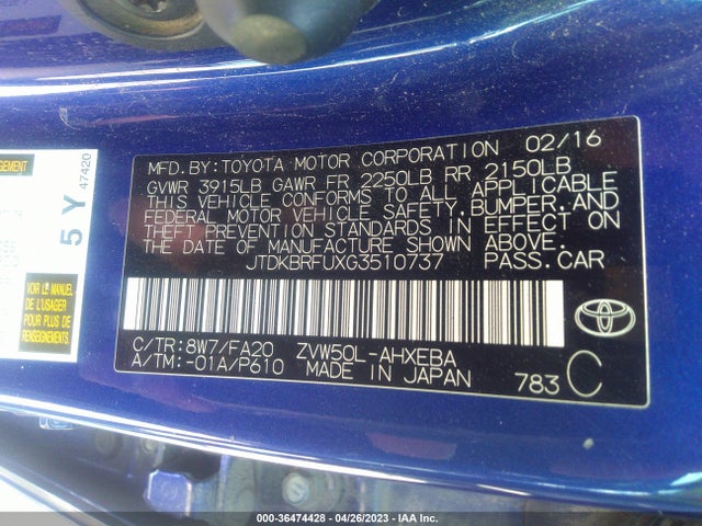 Toyota Prius Two 2016 JTDKBRFUXG3510737 Image 10