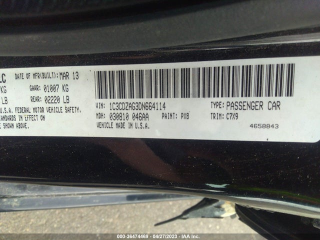 2013 DODGE AVENGER SE V6 VIN: 1C3CDZAG3DN664114