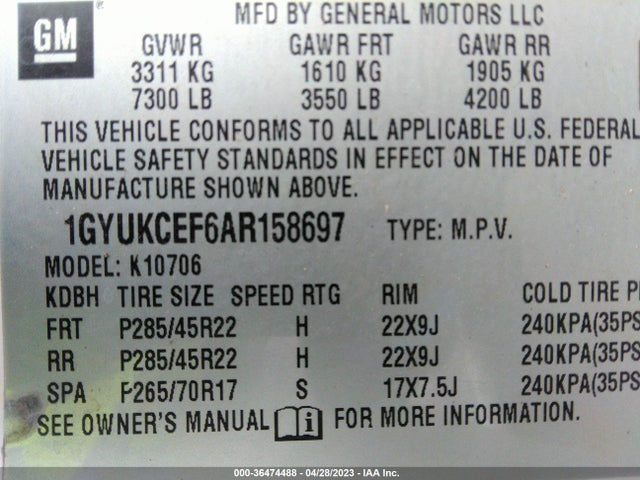 2010 CADILLAC ESCALADE PREMIUM VIN: 1GYUKCEF6AR158697