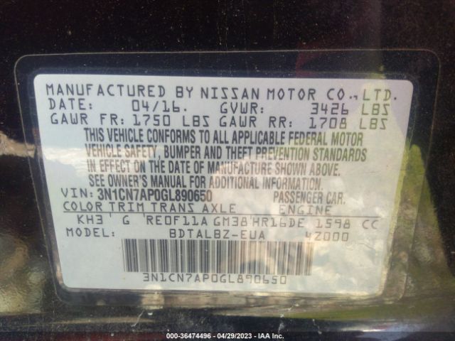 3N1CN7AP0GL890650 Nissan VERSA SV