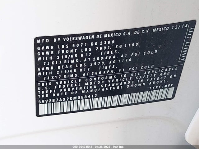 3VV2B7AX2KM058412 Volkswagen Tiguan Se/sel/sel R-line