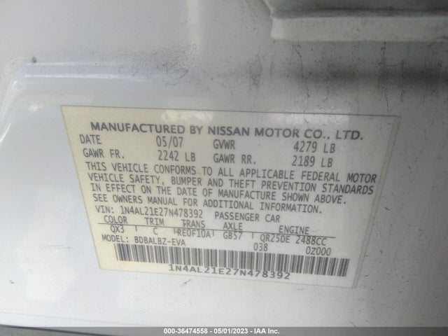 2007 NISSAN ALTIMA 2.5 S VIN: 1N4AL21E27N478392
