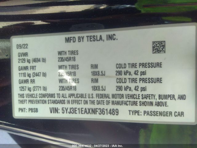 5YJ3E1EAXNF361489 Tesla MODEL 3