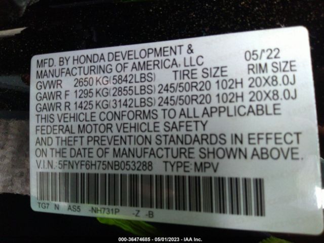 5FNYF6H75NB053288 Honda Pilot Black Edition