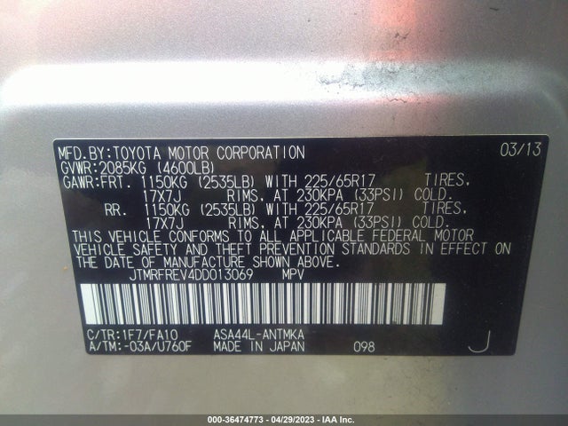 2013 TOYOTA RAV4 XLE VIN: JTMRFREV4DD013069
