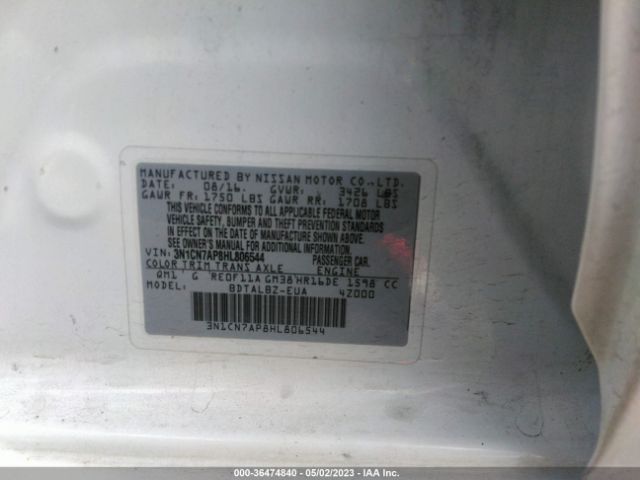 3N1CN7AP8HL806544 Nissan Versa Sedan S/s Plus/sl/sv