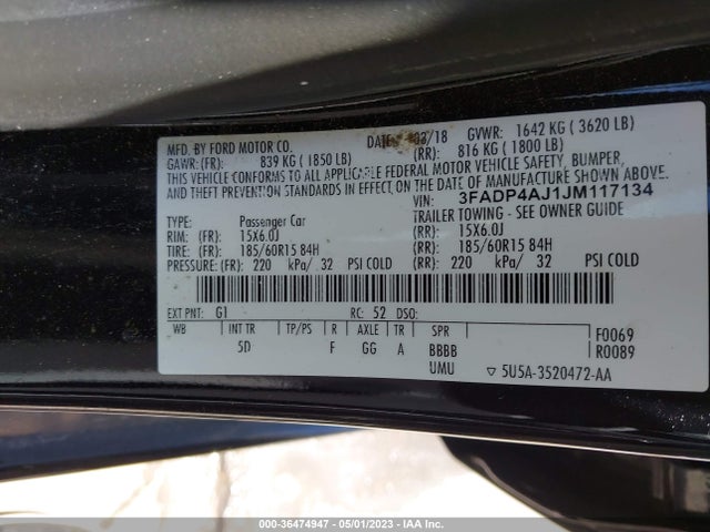 2018 FORD FIESTA S VIN: 3FADP4AJ1JM117134