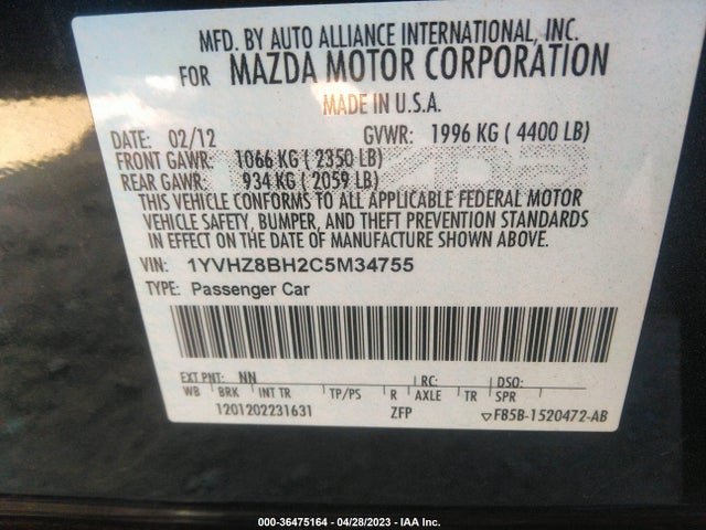 2012 MAZDA MAZDA6 I SPORT VIN: 1YVHZ8BH2C5M34755