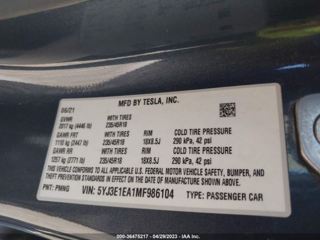 5YJ3E1EA1MF986104 Tesla Model 3 Standard Range Plus