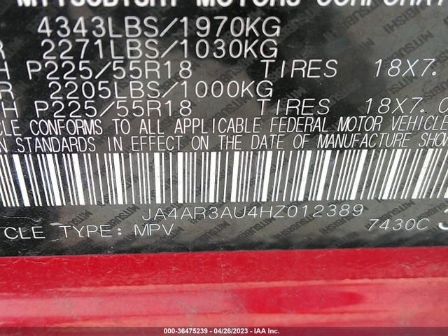 JA4AR3AU4HZ012389 Mitsubishi Outlander Sport 2.0
