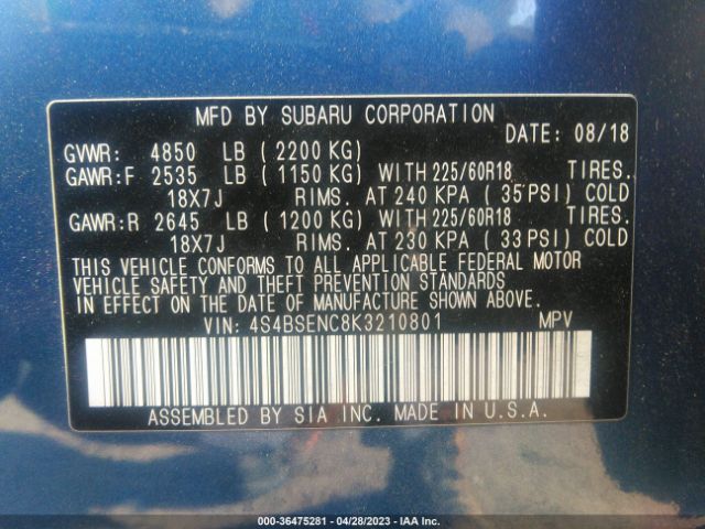 4S4BSENC8K3210801 Subaru Outback Limited