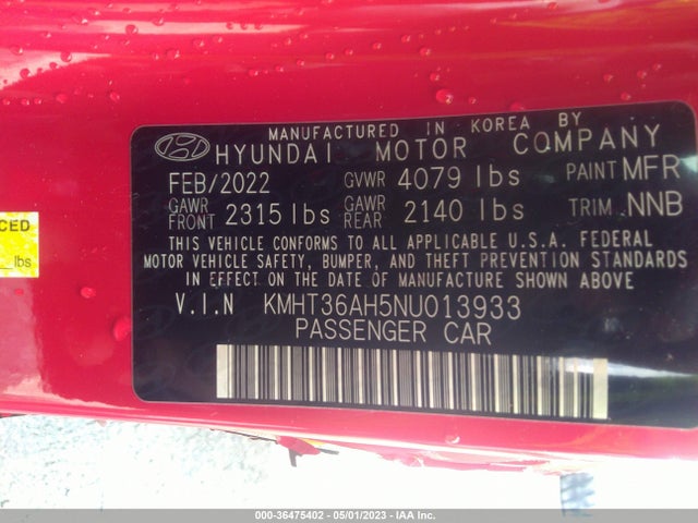 2022 Hyundai Veloster, VIN: KMHT36AH5NU013933