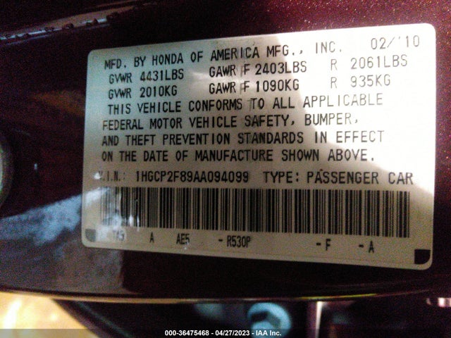 2010 HONDA ACCORD SDN EX-L VIN: 1HGCP2F89AA094099