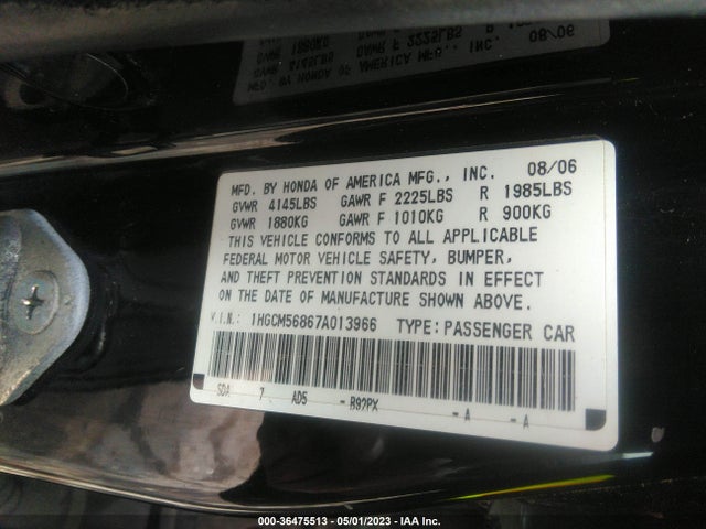 2007 HONDA ACCORD SDN EX-L VIN: 1HGCM56867A013966