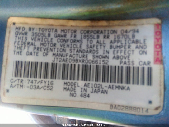 1994 TOYOTA COROLLA LE/DX VIN: JT2AE09BXR0066152