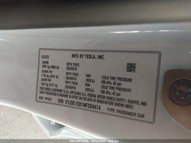 Tesla Model 3 Long Range 2022 5YJ3E1EB1NF204474 Image 9