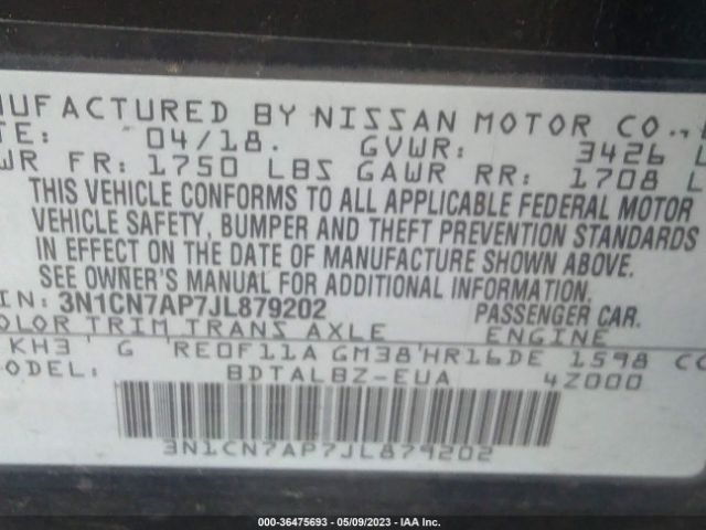 3N1CN7AP7JL879202 Nissan Versa Sedan Sv