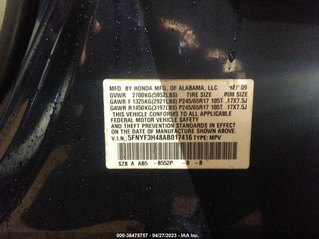 2010 HONDA PILOT EX VIN: 5FNYF3H48AB017416