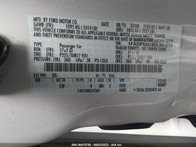 2013 FORD C-MAX HYBRID SE VIN: 1FADP5AU4DL551859