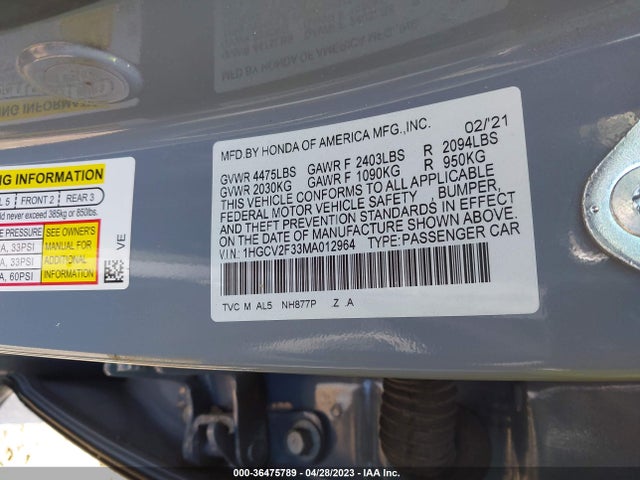 2021 HONDA ACCORD SEDAN SPORT VIN: 1HGCV2F33MA012964