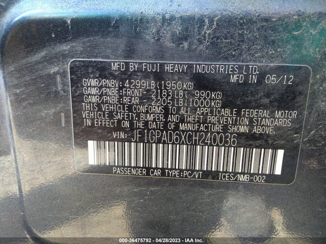 2012 SUBARU IMPREZA WAGON 2.0I PREMIUM VIN: JF1GPAD6XCH240036