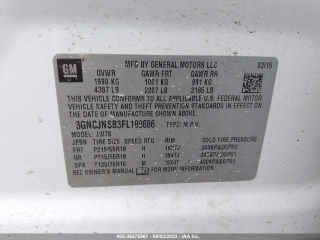Chevrolet TRAX LTZ 2015 3GNCJNSB3FL189686 Image 9